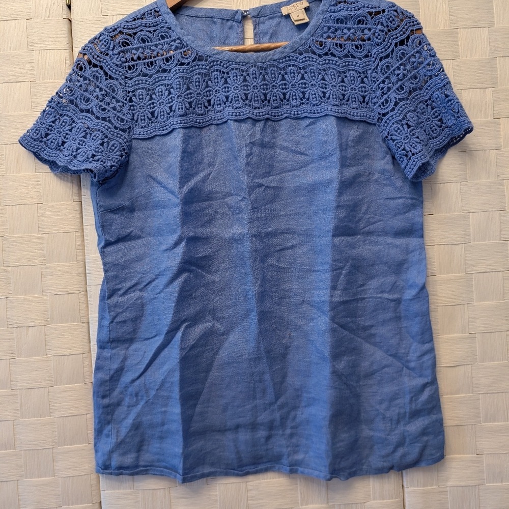 J.Crew Blue 100% Linen‎ Crochet Lace Yoke Short Sleeve Top C3489 Size 0 - Picture 8 of 14